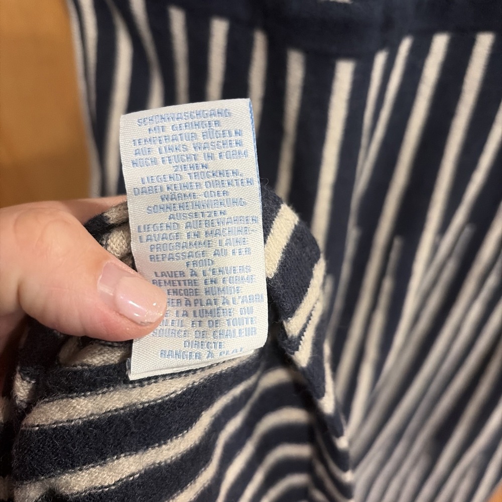 Boden Amelia Dress Navy Beige Striped Fit & Flare Midi Merino Wool/Cotton Sz 14 - Picture 7 of 7